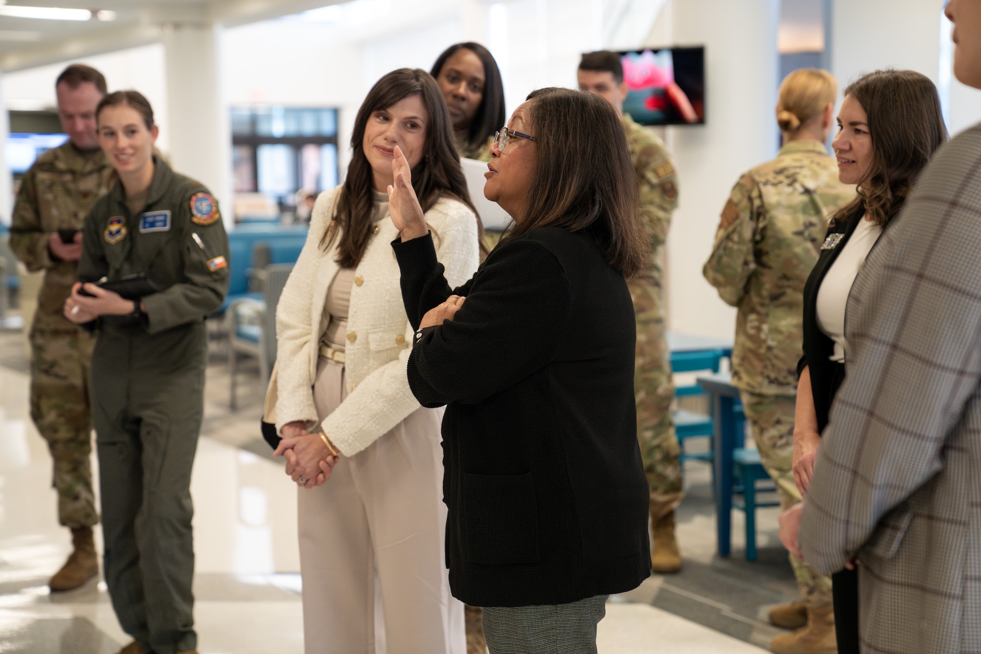 Mrs. Maureen Robinson, spouse of U.S. Air Force Lt. Gen. Brian Robinson, commander of Air Education and Training Command, offers feedback to personnel of the 82d Medical Group