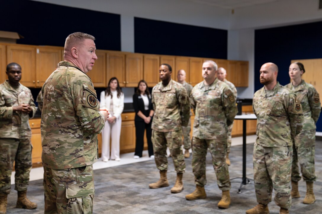U.S. Air Force Chief Master Sgt. Chad Bickley, command chief of Air Education and Training Command, speaks to instructors at Sheppard’s Noncommissioned Officer Academy