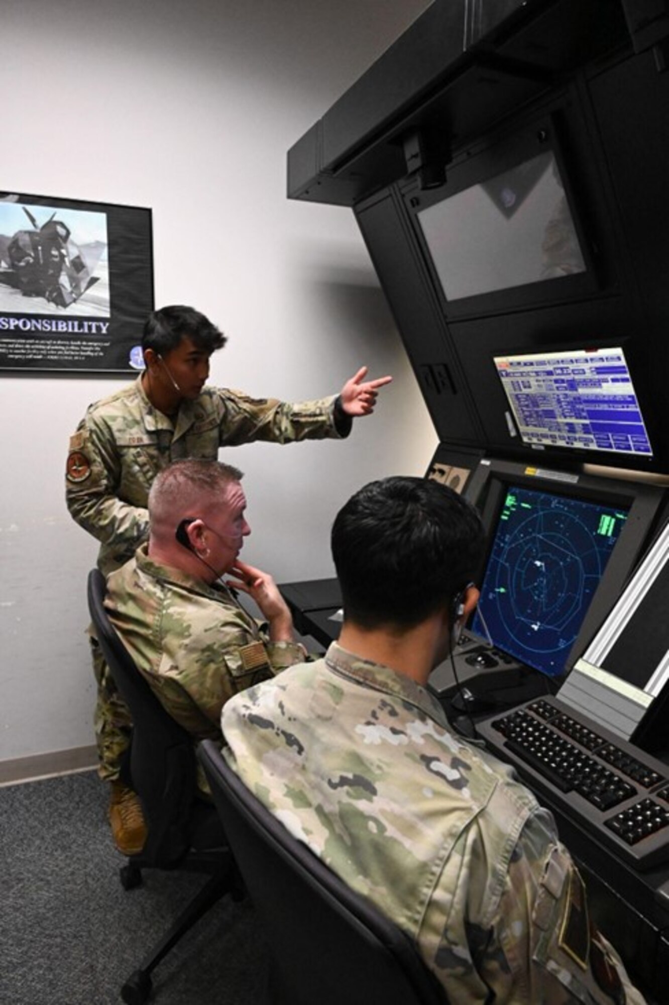 U.S. Air Force Chief Master Sgt. Chad Bickley, command chief of Air Education and Training Command, participated in a Radar Approach Control simulator at the 80th Operations Support Squadron
