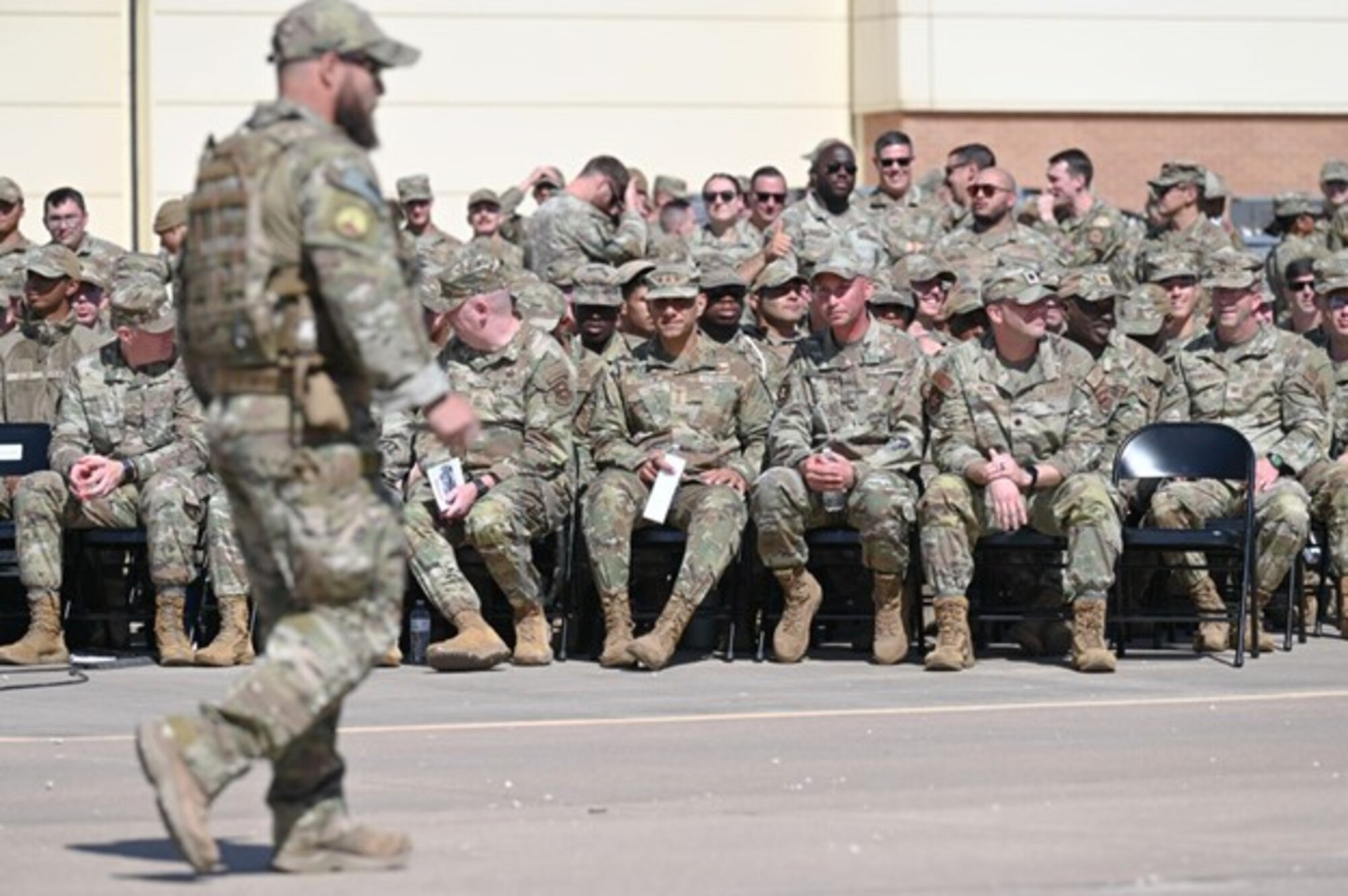 .S. Air Force Lt. Gen. Brian Robinson, commander of Air Education and Training Command, and Chief Master Sgt. Chad Bickley, AETC command chief, experience a BRACER FORGE exercise