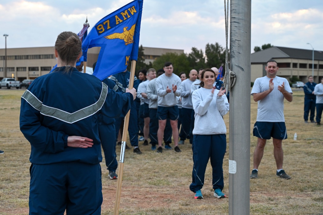 U.S. Air Force Col. Amanda Knotts, 97th Mission Support Group (MSG) commander, greets her troops during the MSG sports day event at Altus Air Force Base, Oklahoma, Oct.18, 2024. The 97th MSG is comprised of more than 1,100 military and civilian personnel across six squadrons. (U.S. Air Force photo by Senior Airman Miyah Gray)