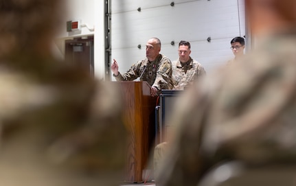 Alaska Army National Guard Lt. Col. Luke Bushatz, the outgoing commander, reflects on his time spent with 1st Battalion, 297th Regiment, during a change of command ceremony on Oct. 20, 2024, at Joint Base-Elmendorf Richardson, Alaska.