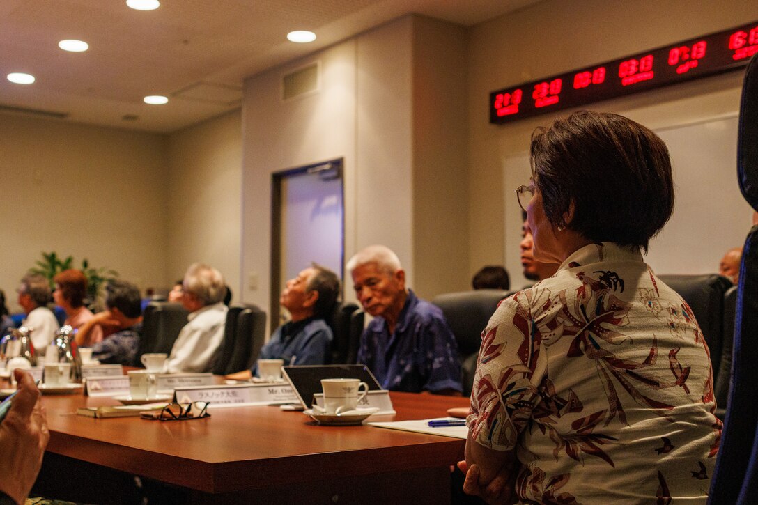 Ms. Naomi Miyagi, the Toyohara district mayor, Okinawa, attends a meeting with Marine Corps Air Station Iwakuni leadership about the development of the air station at Marine Corps Air Station Iwakuni, September 26, 2024. The Toyohara district visitors came to MCAS Iwakuni to observe how the Marines relationship with the local community has evolved since their last visit eight years ago. (U.S. Marine Corps photo by Lance Cpl. David Getz)