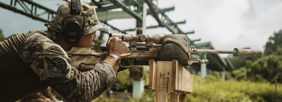 A Republic of Korea Marine fires his weapon during a sniper competition with Philippine armed forces and U.S. Marines assigned to the 15th Marine Expeditionary Unit as part of exercise KAMANDAG 8 at Marine Base Gregorio Lim, Ternate, Philippines, Oct. 19, 2024.