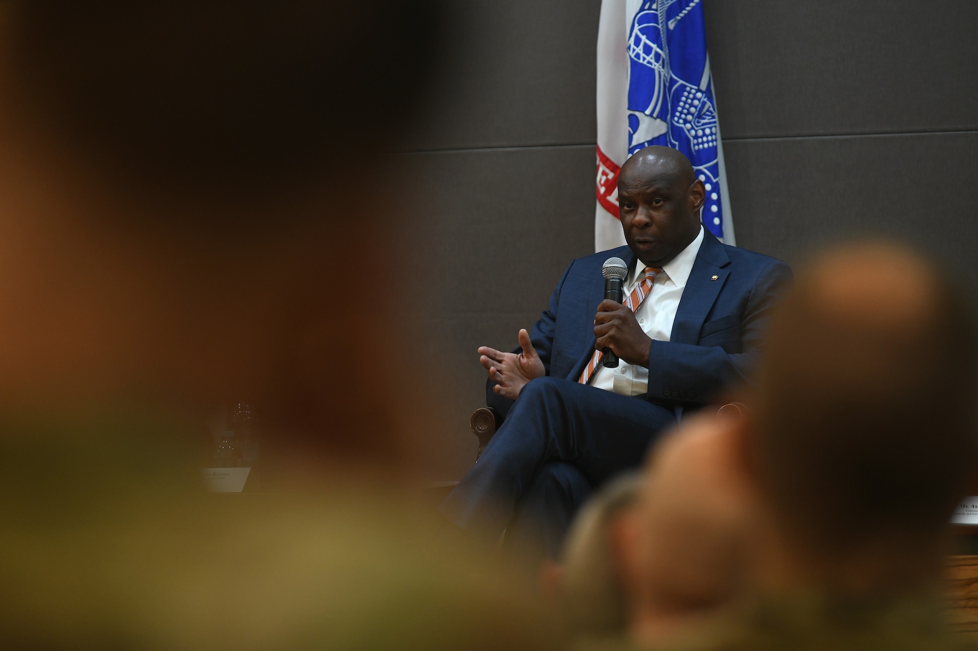 Kenneth McNeill, the chief information officer with the National Guard Bureau, responds to a question during a panel discussion on cybersecurity at the Herbert R. Temple Army National Guard Readiness Center, Arlington Hall Station in Arlington, Virginia, Oct. 16, 2024. The panel included cyber officials from throughout the Department of Defense and Department of Homeland Security and was held as part of Cybersecurity Awareness Month.