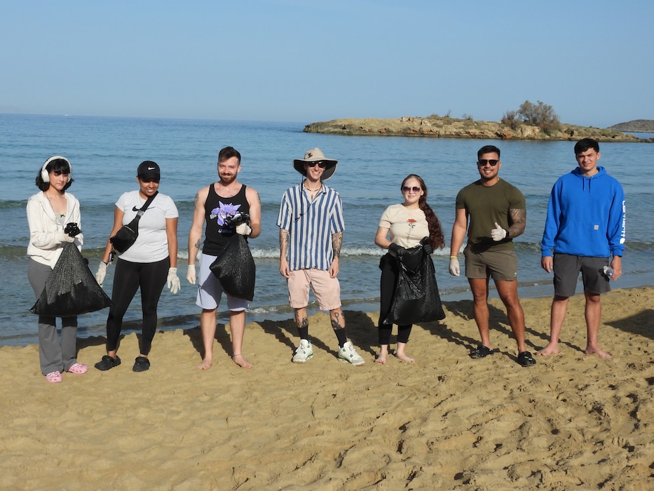 Sailors assigned to Naval Support Activity (NSA) Souda Bay, Greece pick up litter at Kalathas Beach, Chania, Greece, during a community outreach event on Oct. 11, 2024.