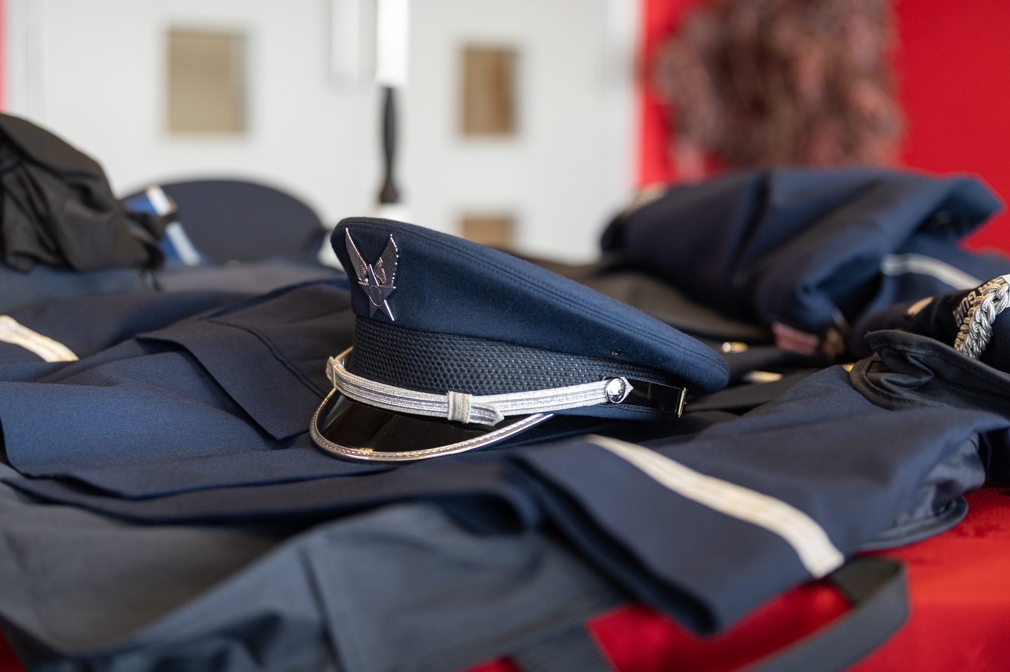 A U.S. Air Force honor guard uniform lays across a table prior to a ceremony at the USA Snetterton 300 race in Norfolk, England, Sept. 8, 2024.