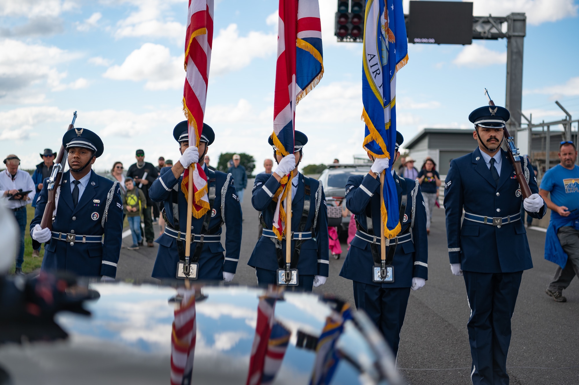 The Royal Air Force Mildenhall Honor Guard perform ceremonial duties at the USA Snetterton 300 race in Norfolk, England, Sept. 8, 2024.