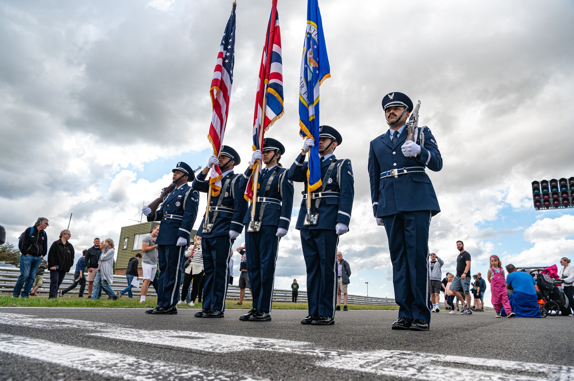 The Royal Air Force Mildenhall Honor Guard perform ceremonial duties at the USA Snetterton 300 race in Norfolk, England, Sept. 8, 2024.