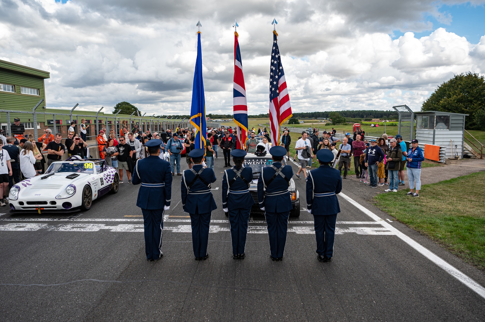 The Royal Air Force Mildenhall Honor Guard perform ceremonial duties at the USA Snetterton 300 race in Norfolk, England, Sept. 8, 2024.
