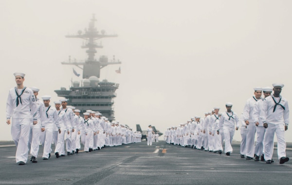 Sailors man the rails on the flight deck of Nimitz-class aircraft carrier USS George Washington (CVN 73) while underway in the Pacific Ocean, July 10, 2024. As an integral part of U.S. Pacific Fleet, U.S. 3rd Fleet operates naval forces in the Indo-Pacific in addition to providing realistic and relevant training necessary to flawlessly execute our Navy’s timeless roles of sea control and power projection. U.S. 3rd Fleet works in close coordination with other numbered fleets to provide commanders with capable, ready forces to deploy forward and win in day-today competition, in crisis, and in conflict. (U.S. Navy/Julianna J. Lynch)