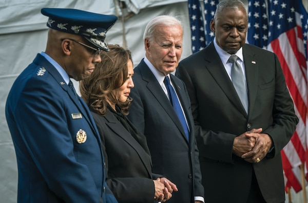 President Joe Biden, Vice President Kamala Harris, Secretary of Defense Lloyd J. Austin III, and Chairman of the Joint Chiefs of Staff CQ Brown, Jr.,
lay wreath honoring 184 lives lost at Pentagon, marking 23rd anniversary of 9/11 terrorist attacks, September 11, 2024 (DOD/Chad J. McNeeley)