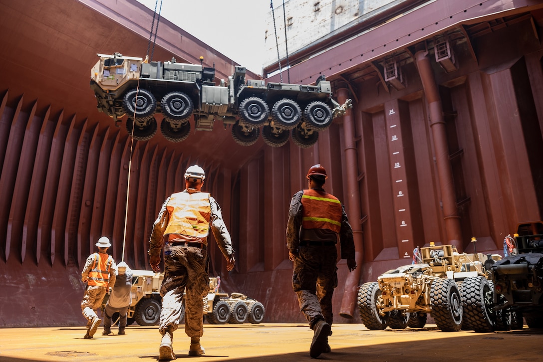 U.S. Marines with 2nd Distribution Support Battalion, Combat Logistics Regiment 2, 2nd Marine Logistics Group, conduct tactical vehicle onload after exercise Native Fury 24 at a port in the United Arab Emirates.