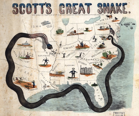 Cartoon map of Union General Winfield Scott’s proposed Anaconda Plan to cut off Confederacy from external markets and sources of materiel and blockade Southern coasts and secure control of Mississippi River, December 1861 (Library of Congress/J.B. Elliott)