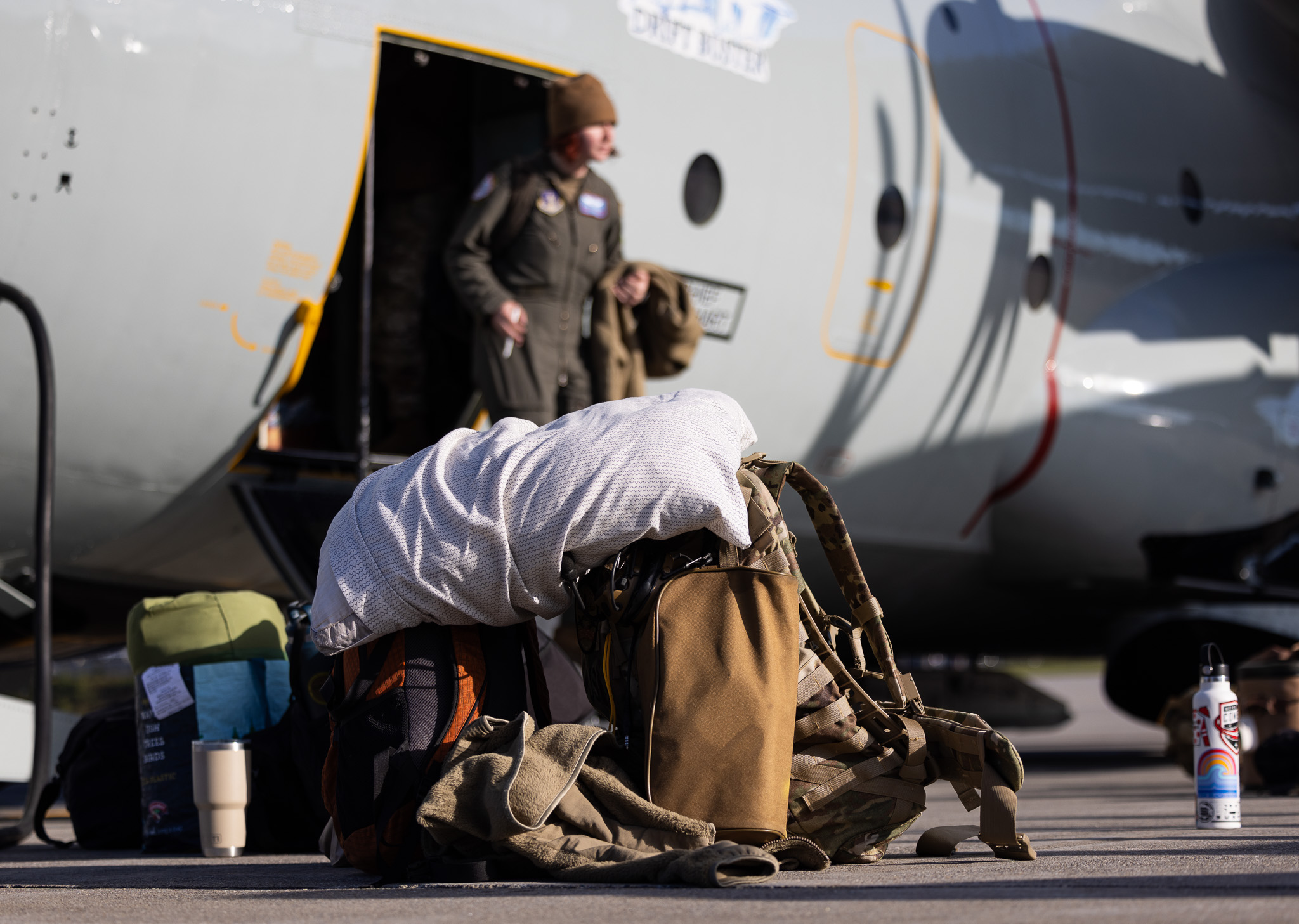 Airmen from the 109th Airlift Wing prepare to depart for the beginning of Operation Deep Freeze with LC-130 Hercules aircraft from Scotia, N.Y., October 17, 2024. Operation Deep Freeze is an annual U.S. Pacific Air Forces-led joint interagency mission to provide logistical and transportation support to the National Science Foundation and the U.S. Antarctic Program. (U.S. Air National Guard photo by Senior Airman Jocelyn Tuller)
