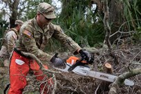 New York Army National Guard Sgt. Tyler Linendoll, an infantryman assigned to Charlie Company, 2nd Battalion, 108th Infantry Regiment, 27th Infantry Brigade Combat Team, cuts downed tree branches with a chainsaw following Hurricane Milton in Palmetto, Florida, Oct. 11, 2024. Soldiers from the 27th IBCT worked with members of the Florida Army National Guard to provide relief to communities impacted by the hurricane.