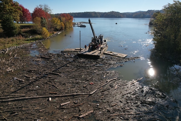 U.S. Army Corps of Engineers and contractors (contracted through FEMA) corralled debris into a centralized location in preparation for debris removal by crane.