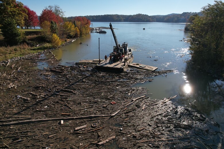 U.S. Army Corps of Engineers and contractors (contracted through FEMA) corralled debris into a centralized location in preparation for debris removal by crane.