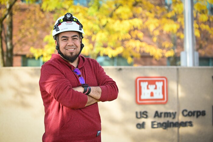 Juan Gaytan, Electrical Engineer for the Walla Walla District, stands outside the Walla Walla District building in Walla Walla, Washington, on Oct. 15, 2024. Gaytan is actively engaged in seven civil work projects for the district, serving as the lead electrical designer for two of them.
