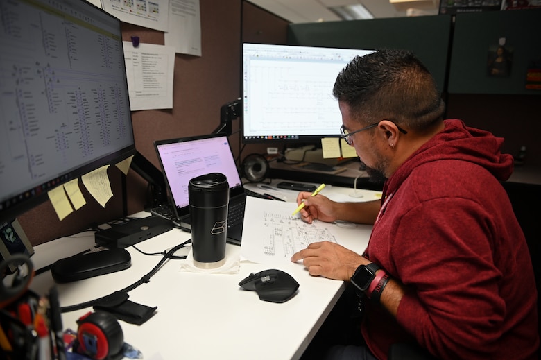 Juan Gaytan works on his electrical engineering project at his desk on Oct. 15, 2024. Gaytan is actively engaged in seven civil work projects for the district, serving as the lead electrical designer for two of them.