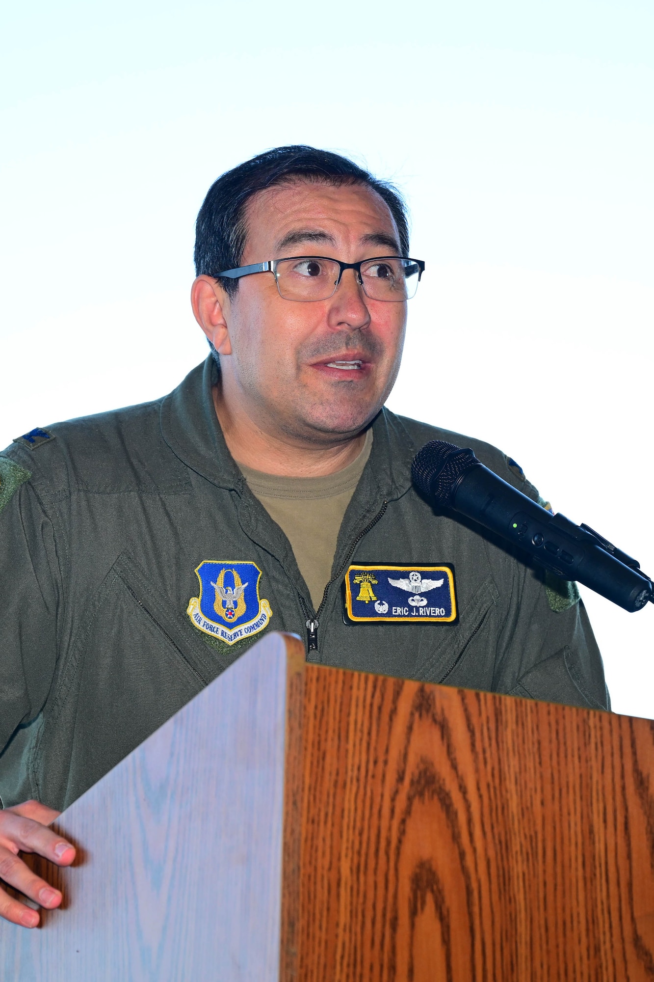 U.S. Air Force Col. Eric Rivero, 512th Airlift Wing commander, welcomes attendees to the 2025 Honorary Commanders Induction Ceremony at Dover Air Force Base, Delaware, Oct. 22, 2024. Established in 1992, the HCC program is a community outreach effort that builds upon the strong relationships between local civic leaders and Dover AFB personnel. (U.S. Air Force photo by Mauricio Campino)