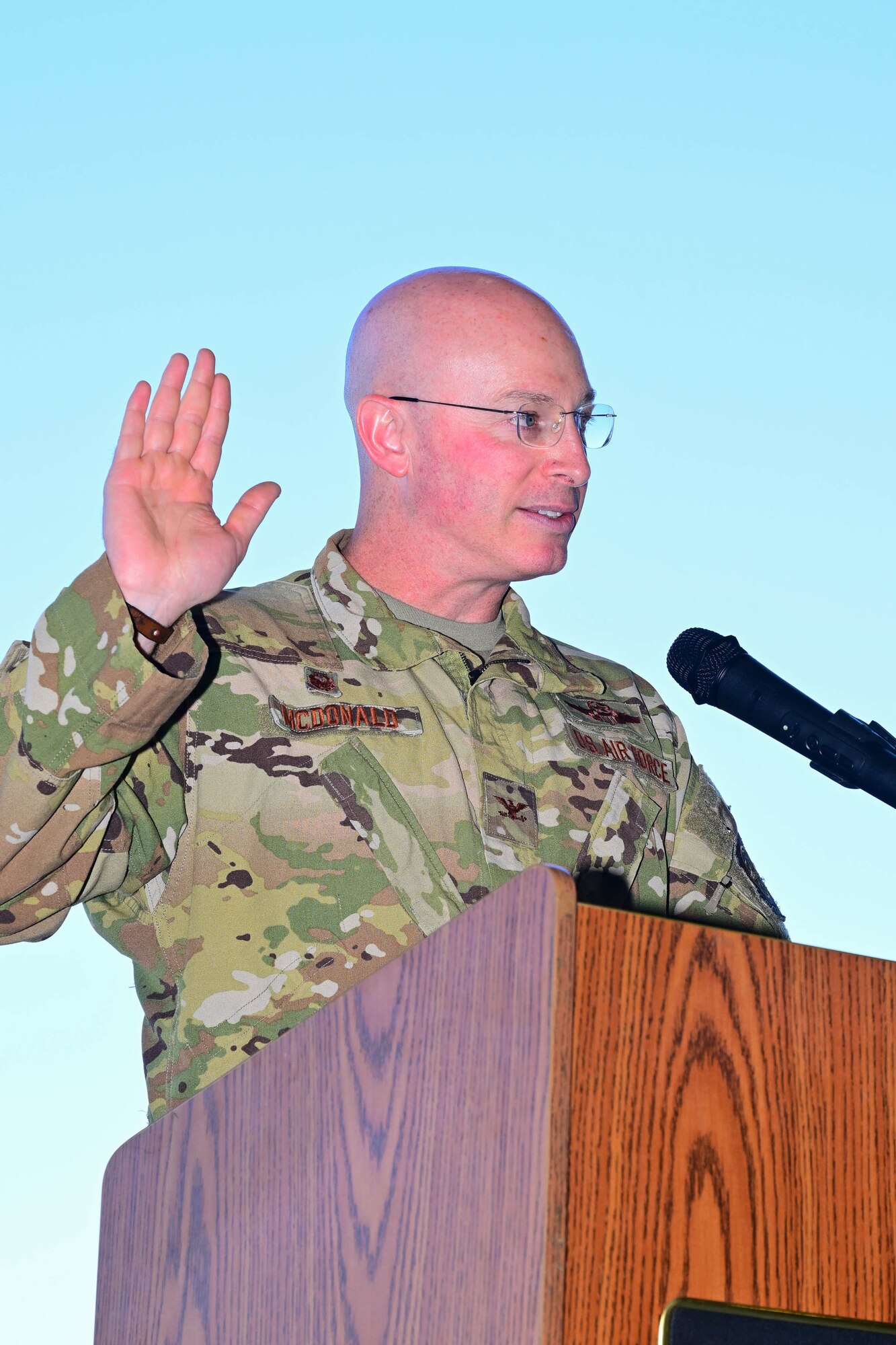 U.S. Air Force Col. Chris McDonald, 436th Airlift Wing commander, administers the Honorary Command Oath during the 2025 HCC Induction Ceremony at Dover Air Force Base, Delaware, Oct. 22, 2024. This year, 45 local civic and business leaders were inducted into the HCC program. (U.S. Air Force photo by Mauricio Campino)