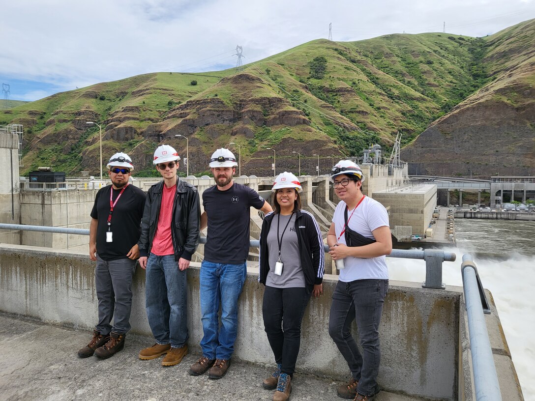 Juan Gaytan (far left) with other Army Fellows at Lower Granite Lock and Dam on June 9, 2022. The Army Fellows program hires and trains recent graduate engineers and scientists to staff technical sections at the Walla Walla District.