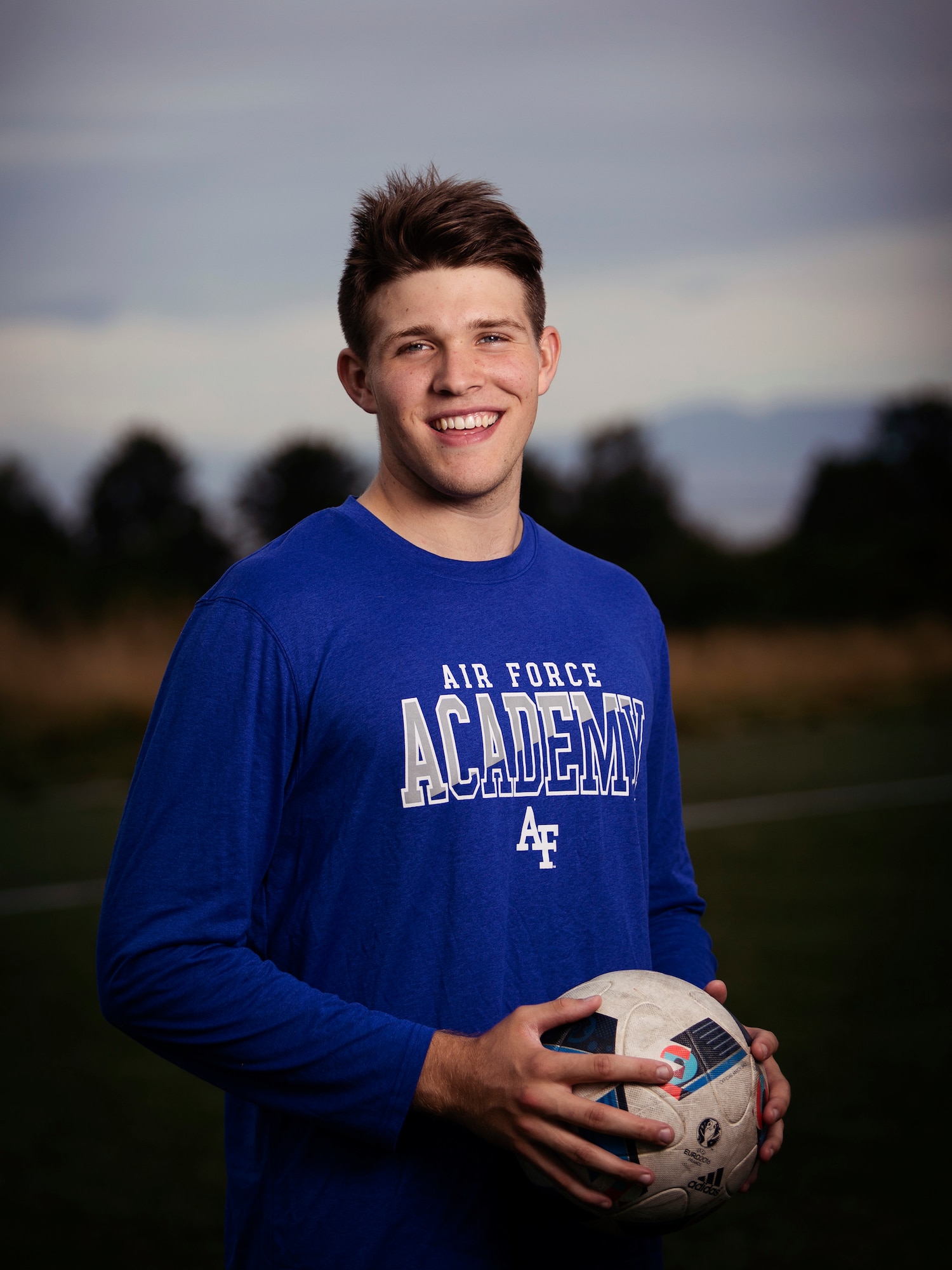 akob Stone, Midwestern State University soccer player and U.S. Air Force Academy graduate, poses for a photo wearing a U.S. Air Force Academy shirt.