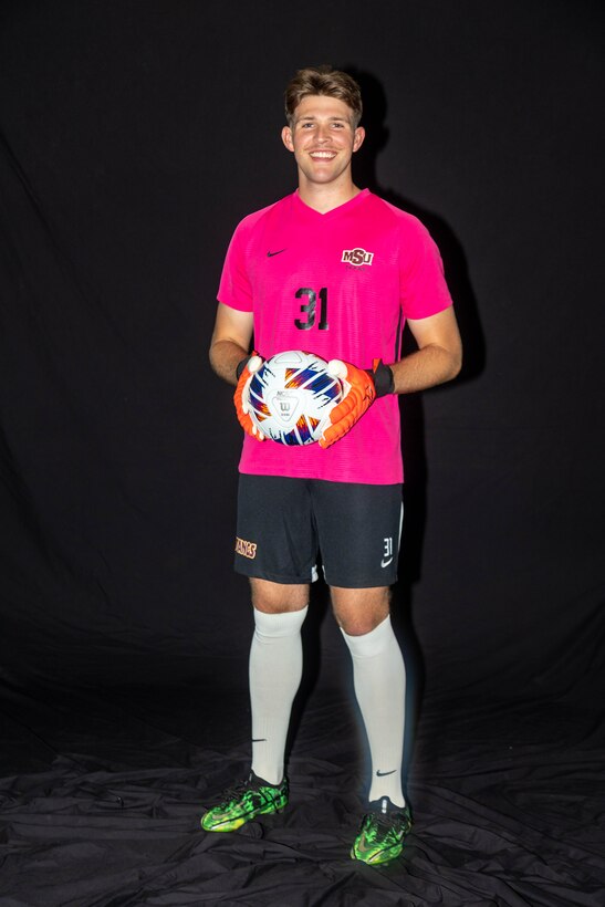 akob Stone, Midwestern State University soccer player and U.S. Air Force Academy graduate, poses for a photo wearing his MSU team uniform.