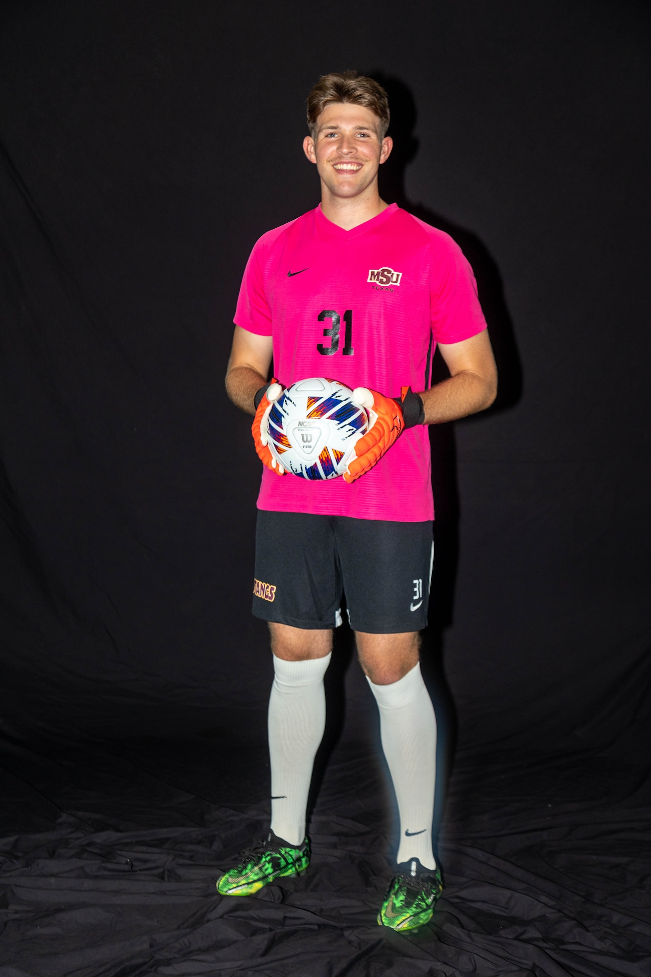 akob Stone, Midwestern State University soccer player and U.S. Air Force Academy graduate, poses for a photo wearing his MSU team uniform.