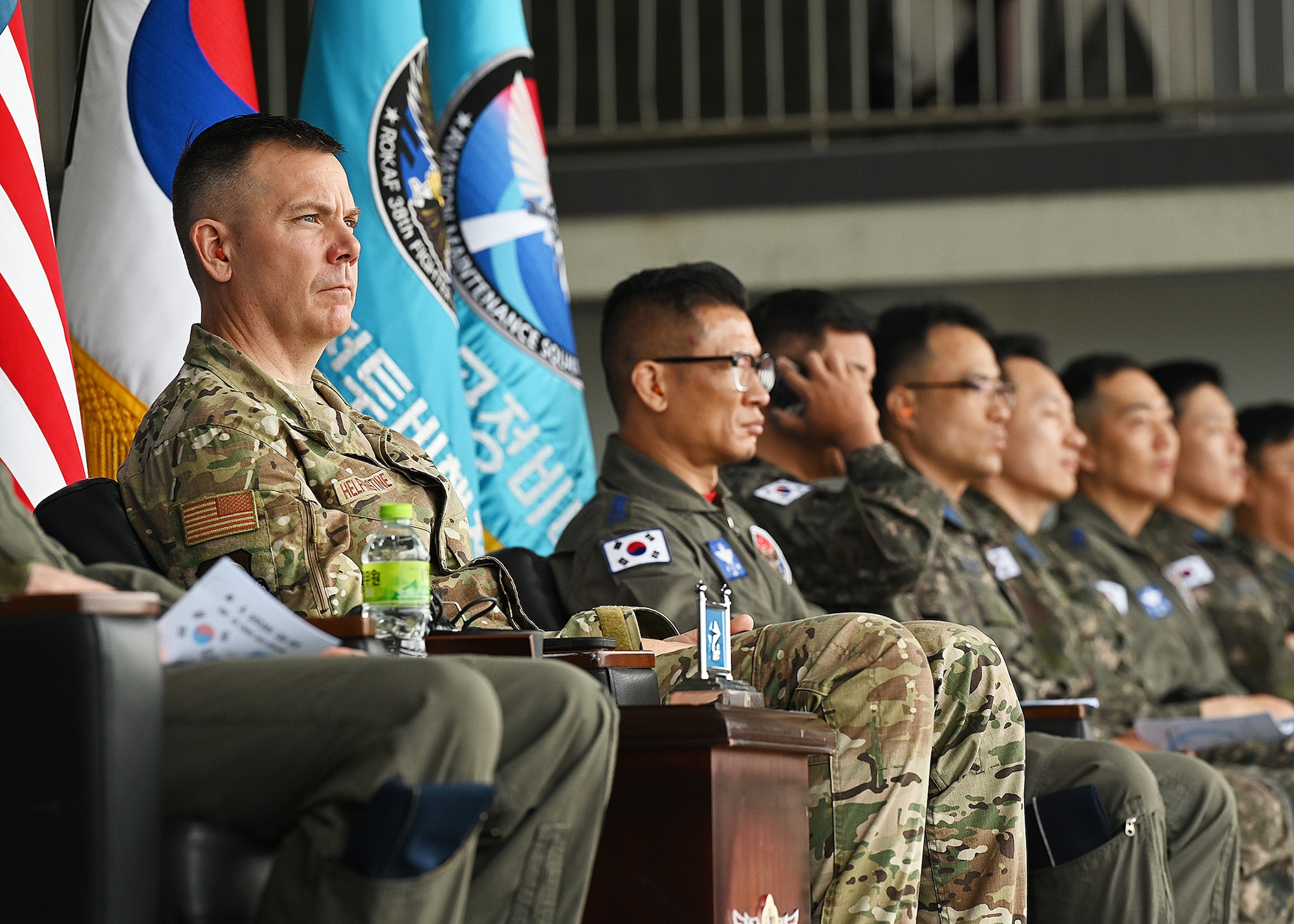 U.S. Air Force Brig. Gen. Kurt Helphinstine, 7th Air Force deputy commander, sits with Republic of Korea Air Force leadership at the USAF - ROKAF cross servicing event.
