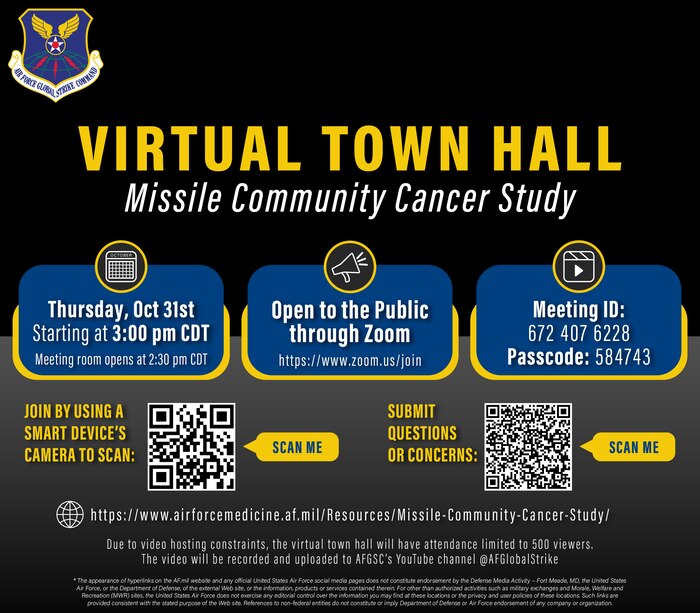 A graphic created in Adobe Illustrator released online October 22, 2024, announcing Air Force Global Strike Command’s virtual town hall livestream regarding the ongoing Missile Community Cancer Study that will be fully open to the public for the second time to allow broader access to released information as well as let the public voice their own questions and concerns to Department of the Air Force senior leaders. The VTH is scheduled to be held on Zoom October 31, 2024, at 3:00 pm. CDT, by AFGSC commander, Gen. Thomas A. Bussiere, accompanied by DAF medical professionals and senior leaders. The recording of the event will be released afterwards on AFGSC’s YouTube page. (U.S. Air Force graphic by Staff Sgt. Shelby Thurman)