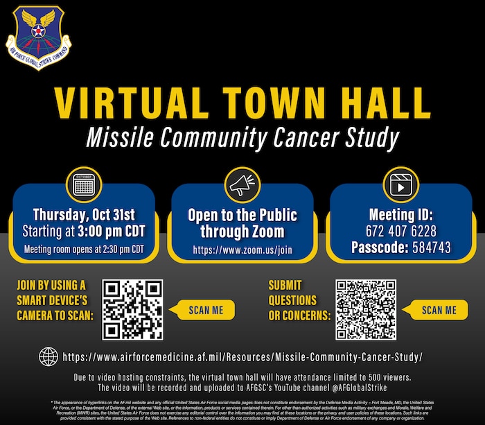 A graphic created in Adobe Illustrator released online October 22, 2024, announcing Air Force Global Strike Command’s virtual town hall livestream regarding the ongoing Missile Community Cancer Study that will be fully open to the public for the second time to allow broader access to released information as well as let the public voice their own questions and concerns to Department of the Air Force senior leaders. The VTH is scheduled to be held on Zoom October 31, 2024, at 3:00 pm. CDT, by AFGSC commander, Gen. Thomas A. Bussiere, accompanied by DAF medical professionals and senior leaders. The recording of the event will be released afterwards on AFGSC’s YouTube page. (U.S. Air Force graphic by Staff Sgt. Shelby Thurman)