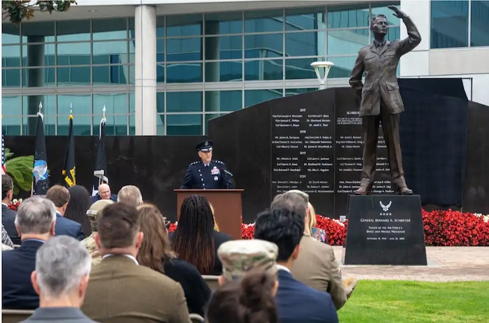 Lt. Gen. Philip Garrant, commander, U.S. Space Force Space Systems Command, delivers opening remarks at L.A. Air Force Base on Sept. 26, 2024, during 10th annual Schriever Wall of Honor ceremony recognizing pioneers in U.S. space and missile development. Each year, the names of six individuals are added to the Schriever Wall, named after Gen. Bernard Schriever, who successfully led U.S. ballistic missile and satellite projects during the early years of the Cold War. The 2024 honorees are: Maj. Gen. (ret.) Edward L. Bolton, Jr.; Brig. Gen. (ret.) Maurice A. Cristadoro, Jr.; Dr. Antonio L. Elias; Col. (ret.) Francis J. Hale; Lt. Gen. (ret.) Susan J. Helms; and Mr. Edward M. Lassiter.