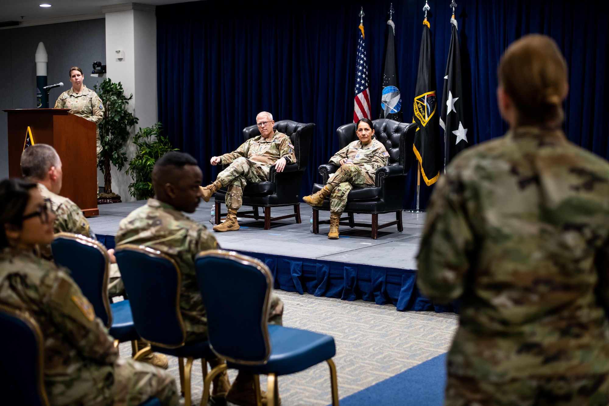 U.S. Space Force (USSF) Lt. Gen. Philip Garrant, Commander, Space Systems Command (SSC), and USSF Chief Master Sgt. Jacqueline Sauvé, SSC’s Senior Enlisted Leader, address questions from the SSC workforce following Garrant’s announcement of his command plan to additional insight on its development and the way forward during an Ask Me Anything event hosted in person and virtually from Los Angeles Air Force Base, El Segundo, Calif., October 22, 2024. Garrant highlighted the shifting of the command’s strategic focus to optimize how organize, train, and equip functions support the effective delivery of dominant space capabilities on operationally relevant timelines stating, “We will further the excellence of our organization and people by improving foundational competencies like warfighting culture, talent development, resource allocation, quality of life, and connection.”
