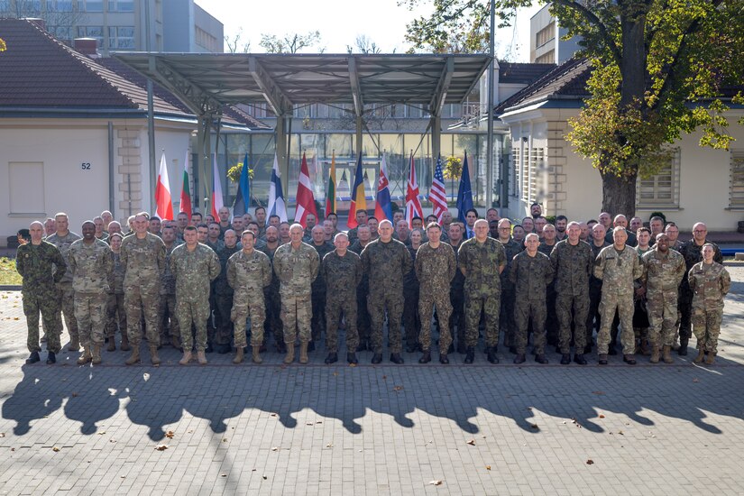 U.S. Army V Corps, 2nd Polish Corps, and participating NATO Allies and partners pose on day two of the Territorial Defense Forces Symposium II in Krakow, Poland, Oct. 22, 2024. The symposium illustrated the operational readiness of Poland’s Territorial Defense Forces, emphasizing their ability to integrate with NATO forces. (Proprietary Information Redacted). (U.S. Army Photo by Spc. Alexcia Rupert)