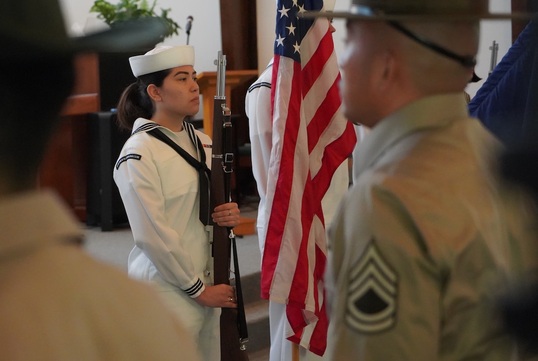 YORKTOWN, Va. (June 20, 2024) Sailors assigned to the Naval Ophthalmic Readiness Activity (NORA) Color Guard present the colors during the opening ceremonies for the Tri-Service Optician School’s (TOPS) class 24-005 commencement ceremony. The commencement ceremony was held at Nelson Chapel onboard Naval Weapons Station (NWS) Yorktown. The mission of TOPS is to provide formal optical training to Army Optical Laboratory Specialist MOS (68H) and Navy Hospital Corpsman (NEC L19A) students with quality training through a 24-week, DoD, uniformed services school on the subjects of ophthalmic dispensing, ophthalmic fabrication and clinical optics. Upon completing the required curriculum, graduates are immediately able to function as an independent optician in any military environment. (U.S. Navy Photo by Max Lonzanida/Released)