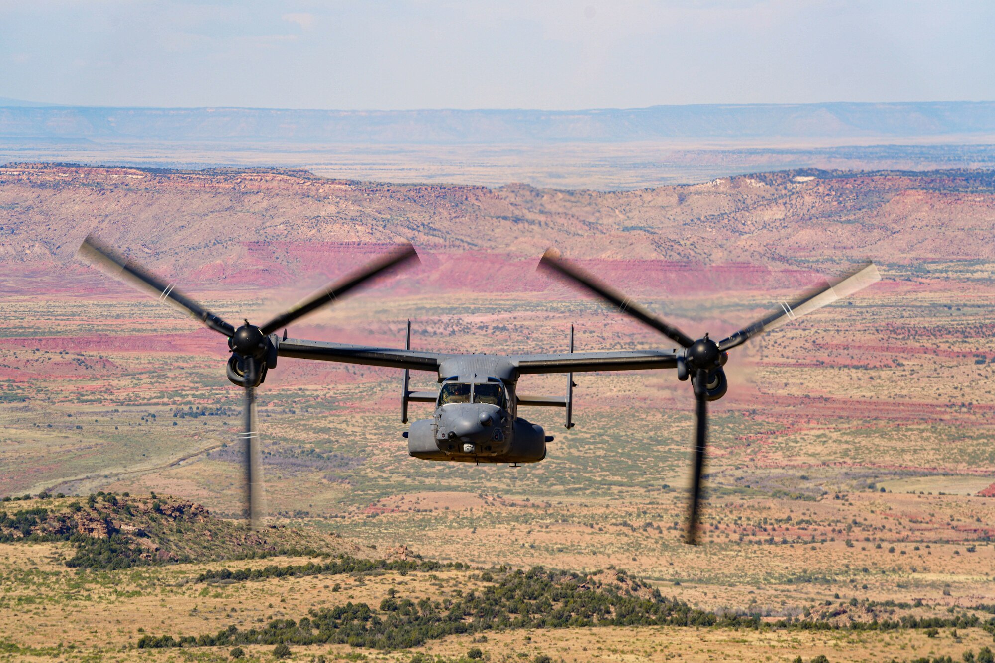 A U.S. Air Force CV-22 Osprey assigned to the 20th Special Operations Squadron flies during a training exercise over the plains of New Mexico, Oct. 9, 2024. The CV-22 is a self-deployable aircraft offering increased speed and range over rotary-wing aircraft, enabling Air Force Special Operations Command aircrews to execute long-range special operations missions. (U.S. Air Force photo by Airman 1st Class Gracelyn Hess)
