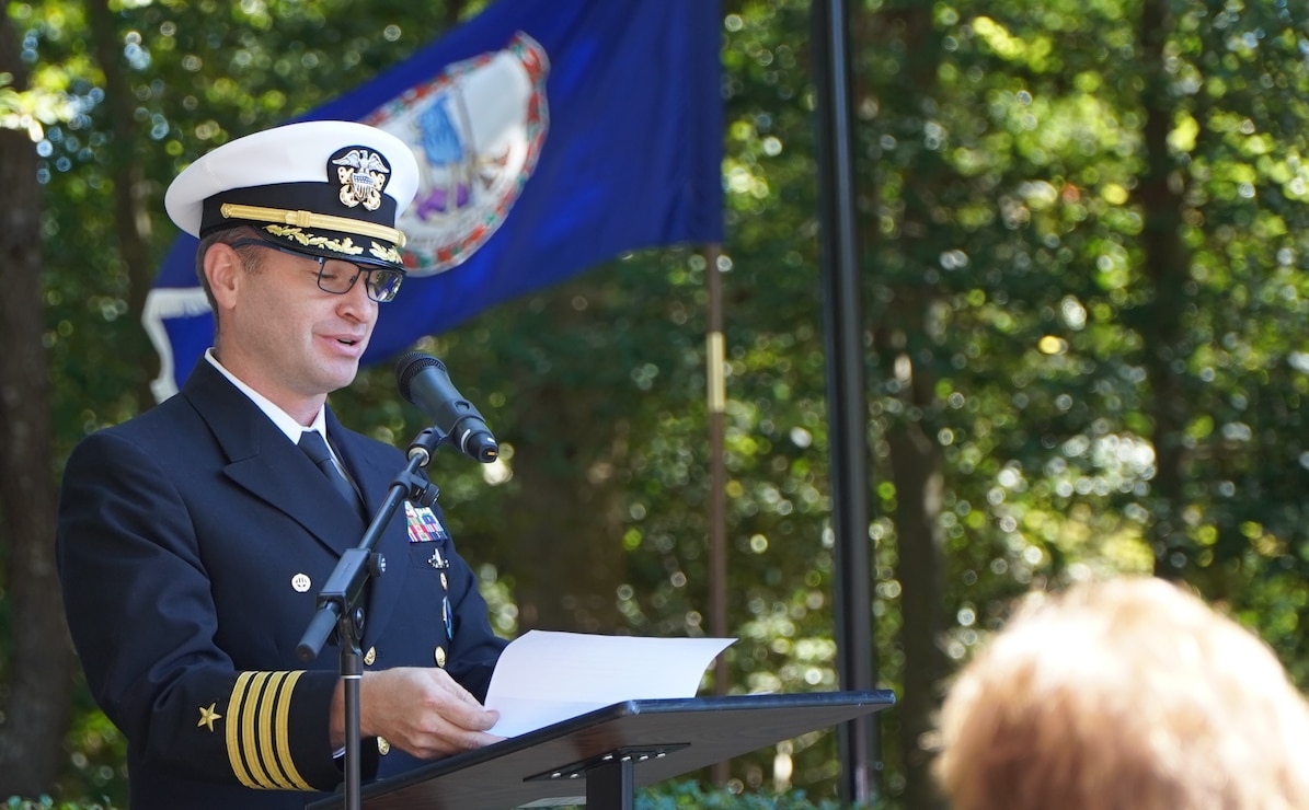 YORKTOWN, Va. (October 18, 2024) Captain Dan Patrick, Commanding Officer, Naval Weapons Station Yorktown delivers remarks during a wreath laying ceremony at the American Revolution Museum at Yorktown. The wreath laying event was coordinated by the USS Yorktown (CG-48) reunion association, and was held in honor of the ship’s sponsor, Mary Matthews. USS Yorktown (CG-48) was a Ticonderoga-class guided missile cruiser that was commissioned in 1984 at Naval Weapons Station Yorktown and decommissioned in 2004.  (U.S. Navy Photo by Max Lonzanida/Released).