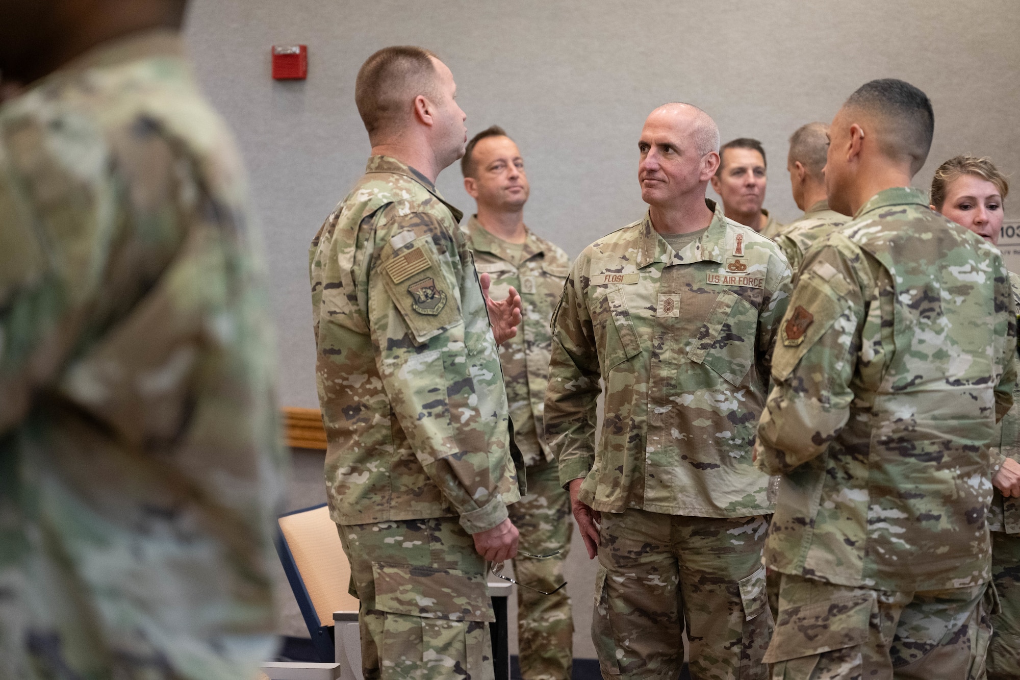 Chief Master Sgt. of the Air Force David Flosi speaks with command chiefs during Senior Enlisted Leader Mission Command Training on Joint Base Pearl Harbor-Hickam, Hawaii, Oct. 21, 2024. The six-day training will place SELs in resource-limited locations and scenarios to experience the capabilities and limitations of agile combat employment deployments. (U.S. Air Force photo by Airman 1st Class Aden Brown)