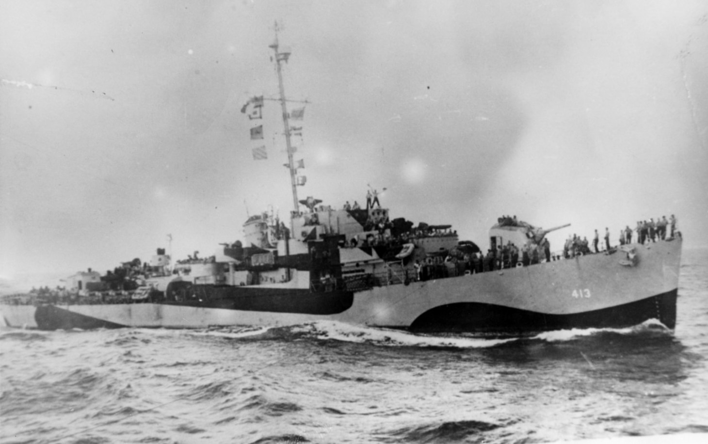 Destroyer escort Samuel B. Roberts (DE-413) in its wartime dazzle paint scheme.