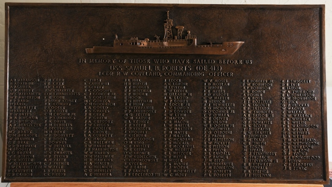 This plaque commemorates the sailors onboard the Samuel B. Roberts (DE-413). M. Brodsky can be seen in the leftmost column. The plaque was displayed aboard the Samuel B. Roberts (FFG-58), and helped inspire that ship’s crew when it was hit by an Iranian mine in 1988.