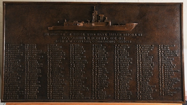 This plaque commemorates the sailors onboard the Samuel B. Roberts (DE-413). M. Brodsky can be seen in the leftmost column. The plaque was displayed aboard the Samuel B. Roberts (FFG-58), and helped inspire that ship’s crew when it was hit by an Iranian mine in 1988.