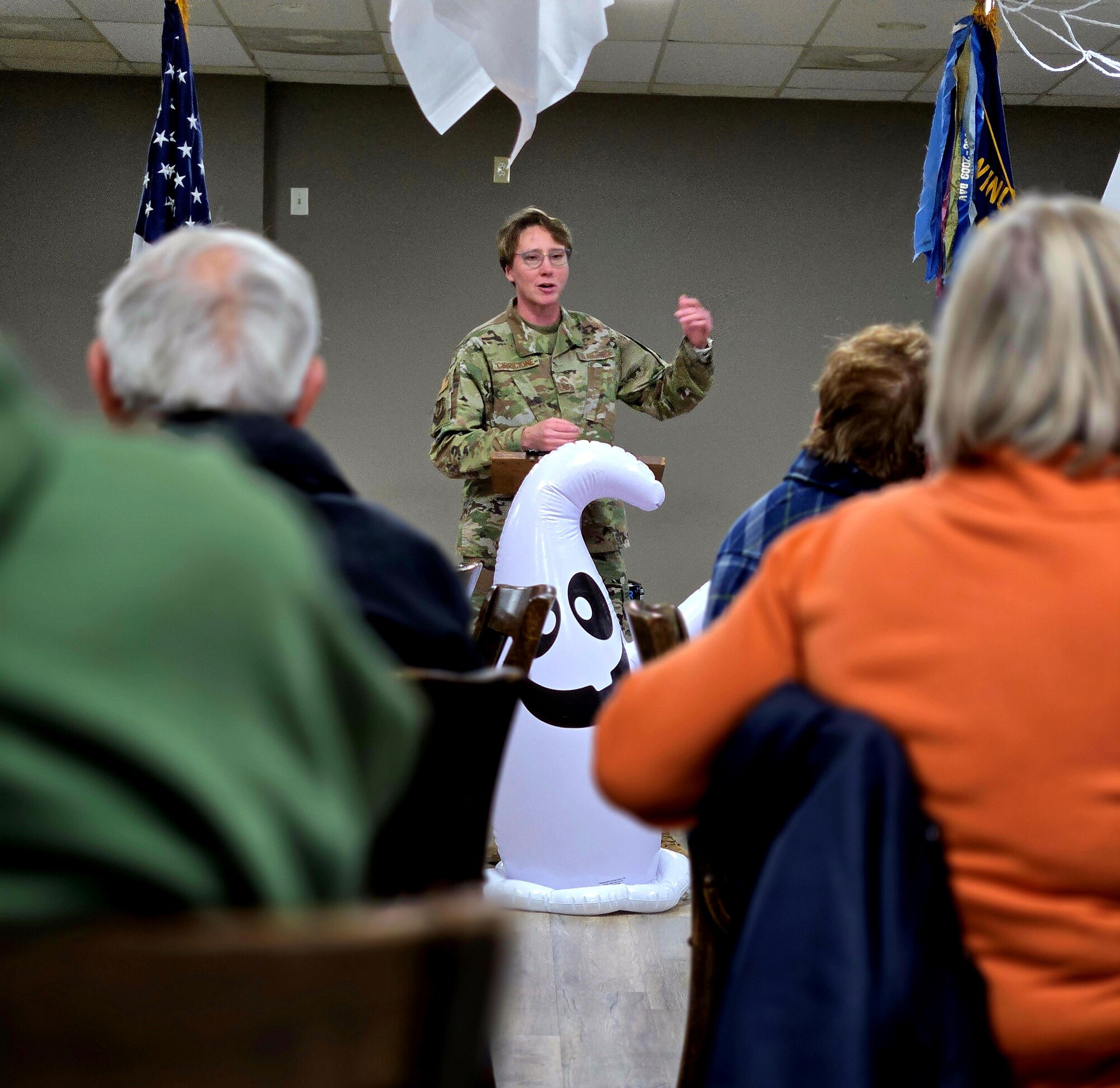 Arnold Engineering Development Complex Senior Enlisted Leader Chief Master Sgt. Jennifer Cirricione speaks during the monthly meeting of the Franklin County Disabled American Veterans, Chapter 71, Oct. 15, 2024, at the Veterans of Foreign Wars Post in Estill Springs, Tenn. Cirricione provided information on the history of AEDC and fielded questions regarding base access, future space utilization and base tour availability for retirees. AEDC personnel were also on hand to discuss the services AEDC provides to retirees and their families once a retiree passes away, funeral honors for retirees, legal assistance and other information related to retiree benefits. AEDC is headquartered at Arnold Air Force Base, Tenn. (Courtesy photos by Kim Heng)