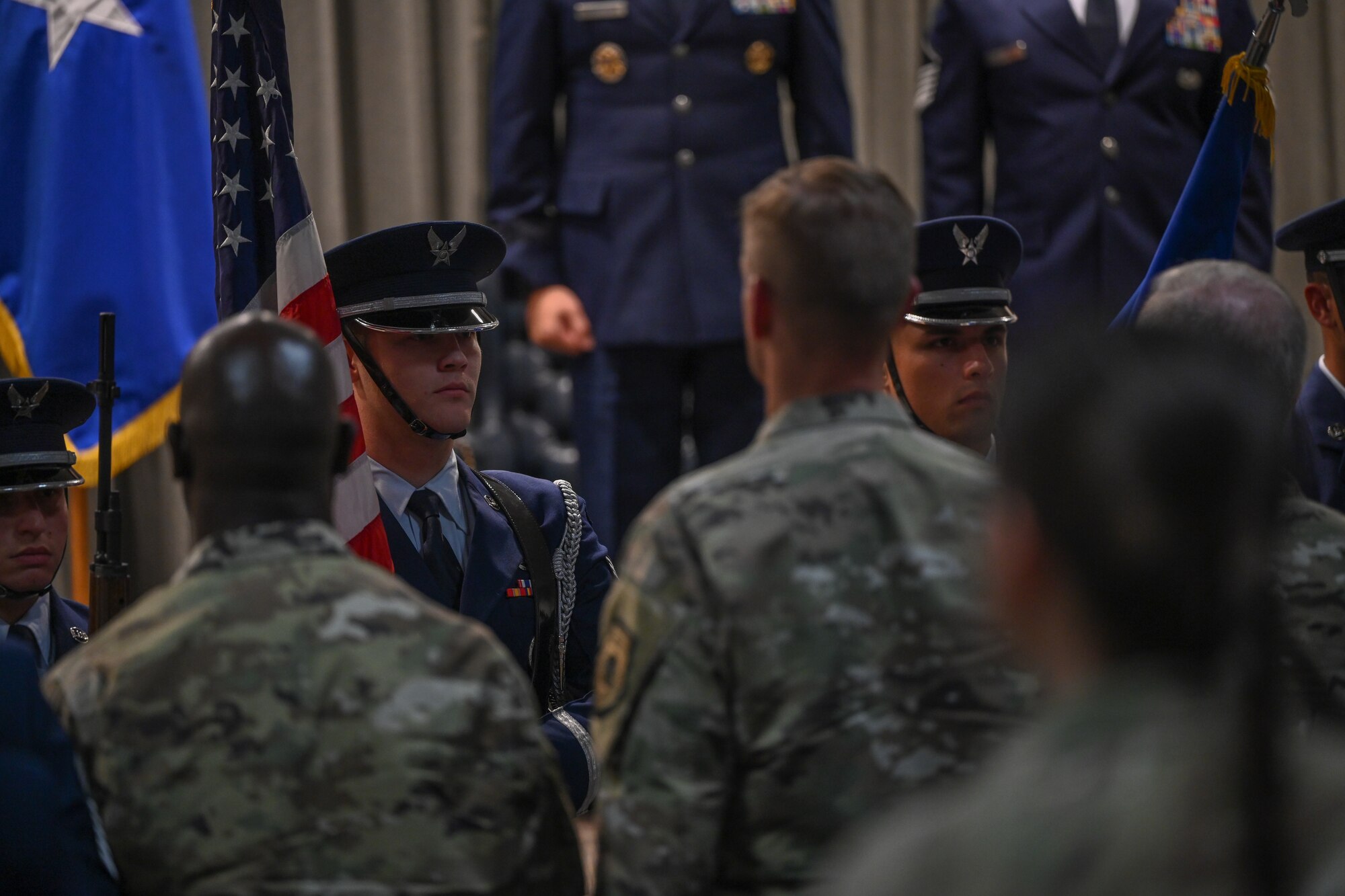 Hurlburt Field Base Honor Guard present the colors at a Distinguished Flying Cross Ceremony at Hurlburt Field, Florida, Oct. 8, 2024.
