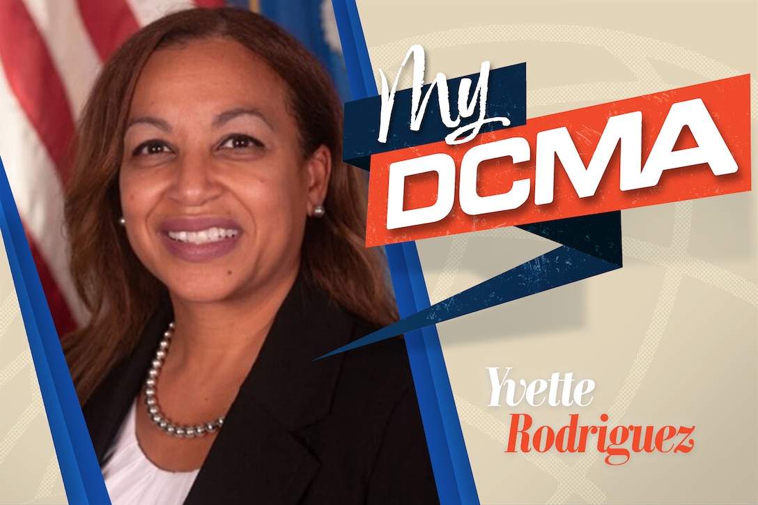 A graphic depiction with image of a woman wearing a white blouse and black jacket smiling, and the text “My DCMA” and “Yvette Rodriguez”