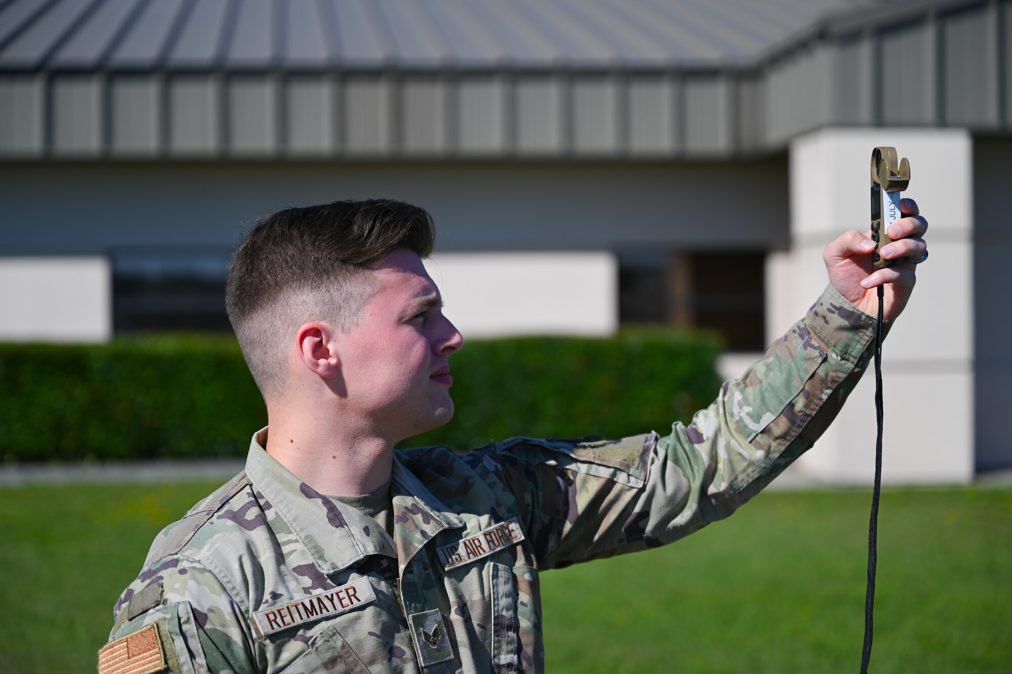 U.S. Air Force Senior Airman Jordan Reitmayer, a 1st Special Operations Support Squadron Weather Forecaster, uses a Kestrel weather meter at Hurlburt Field, Florida, Oct. 17, 2024.