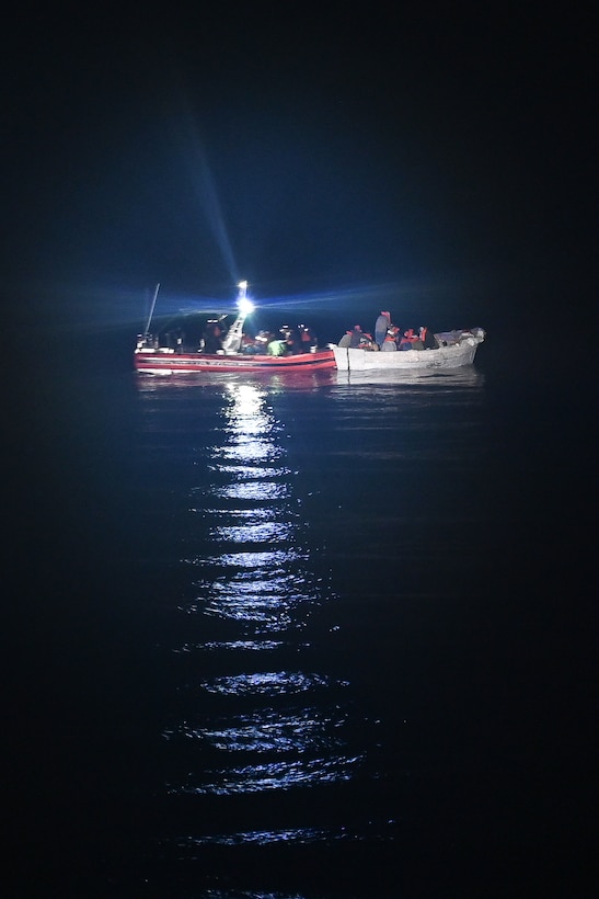 A Coast Guard Cutter Mohawk (WMEC 913) small boat crew rescues 25 migrants from a disabled vessel, Aug. 20, 2024, while underway in the Florida Straits. Mohawk’s crew conducted a 57-day deployment to carryout maritime safety and security missions in the Seventh Coast Guard District’s area of responsibility. (U.S. Coast Guard photo by Ensign Brian Morel)