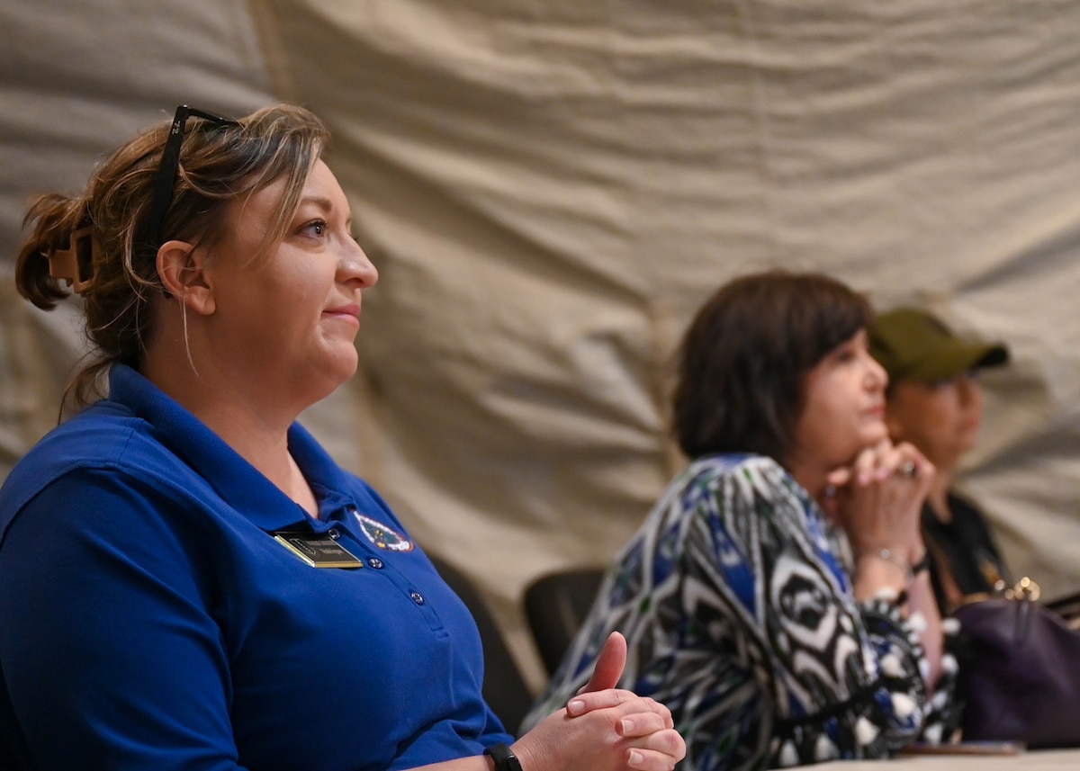 Michelle Ferguson, 17th Training Wing Honorary Commander, is briefed on the mission of Command Post Sentinel at Goodfellow Air Force Base, Texas, Oct. 18, 2024. Command Post Sentinel transformed from Forward Operating Base Sentinel as the Department of Defense shifts its focus to near-peer adversaries and Great Power Competition. (U.S. Air Force photo by Senior Airman Zach Heimbuch)