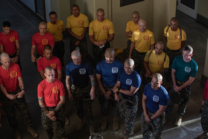 U.S. Marine Corps drill instructors, Recruit Training Regiment, Marine Corps Recruit Depot San Diego, receive a brief prior to the 2024 Marine Corps Recruit Depot San Diego Boot Camp Challenge at MCRD San Diego, California, Oct. 19, 2024. For the past 23 years, MCRD San Diego has hosted the Marine Corps Recruit Depot San Diego Boot Camp Challenge, a three-mile obstacle course race guided by 60 drill instructors that highlights the physical and mental demands of boot camp. The event fosters comradery and community engagement through interaction with MCRD personnel. (U.S. Marine Corps photo by Cpl. Alexandra M. Earl)